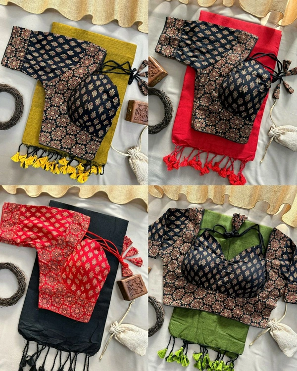 Trendy Presenting Special Summer wear Khadi Cotton Silk Saree With Designer Readymade Ajrakh cotton Blouse - Red