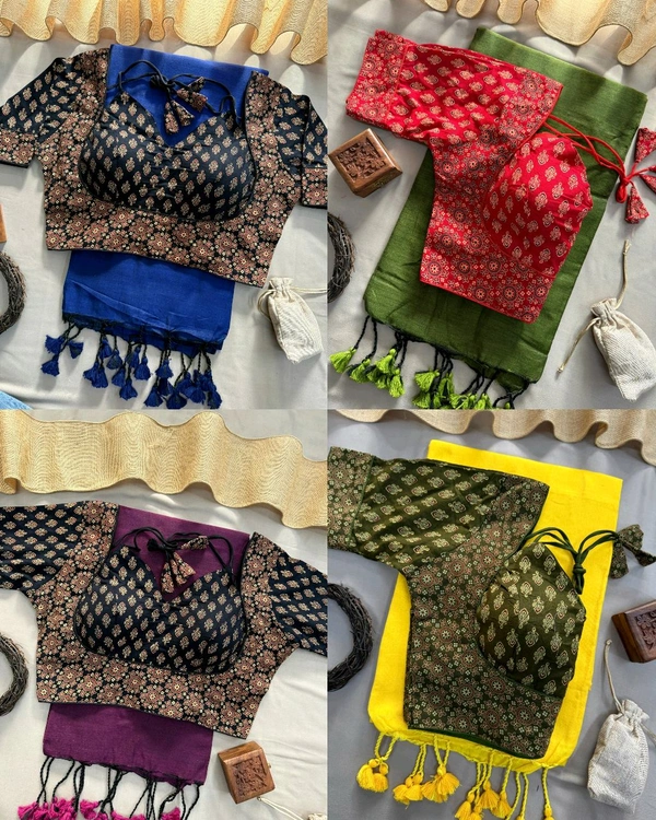 Trendy Presenting Special Summer wear Khadi Cotton Silk Saree With Designer Readymade Ajrakh cotton Blouse - Green & Red Blouse