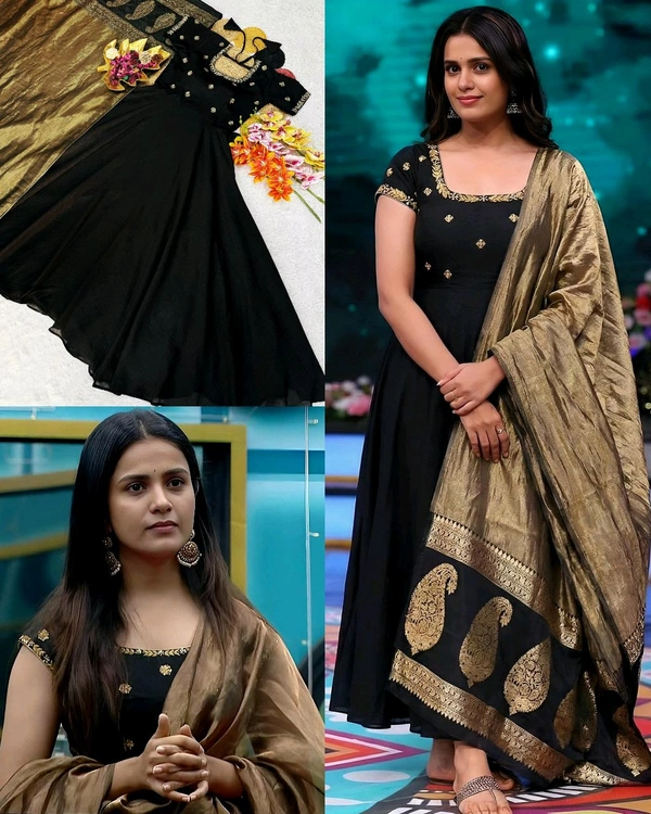 Top Trending Big Boss Tanuja style Beautiful Maggam Work Gown With Tissue Dupatta. A touch of glamour and elegance to your look For Festive Season
- 2XL