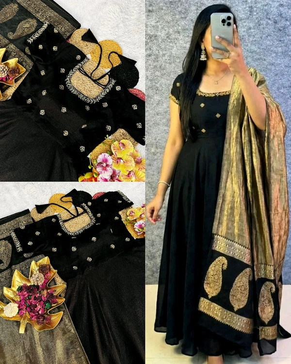 Top Trending Big Boss Tanuja style Beautiful Maggam Work Gown With Tissue Dupatta. A touch of glamour and elegance to your look For Festive Season
- 2XL