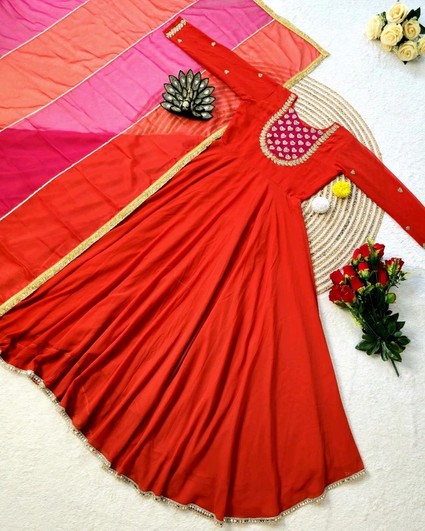 Launching Most Trending our Fux Georgette Silk. Eye-catching Hand Work Gown, a perfect blend of luxury and tradition for any Occasion & Festival - M, Guardsman Red