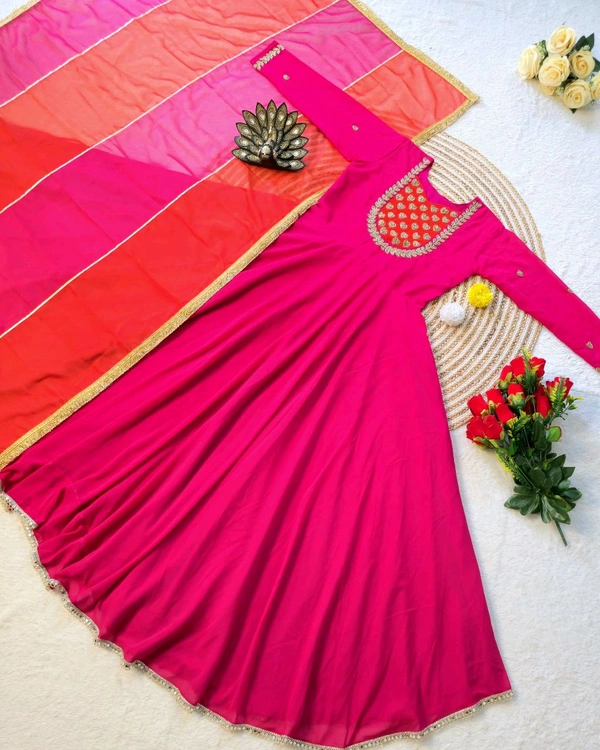 Launching Most Trending our Fux Georgette Silk. Eye-catching Hand Work Gown, a perfect blend of luxury and tradition for any Occasion & Festival - L, Guardsman Red