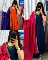 Trendy Elegant look, rich texture, and beautiful Maggam embroidery details make it Extraordinary Gown & Dupatta - L, Mandy