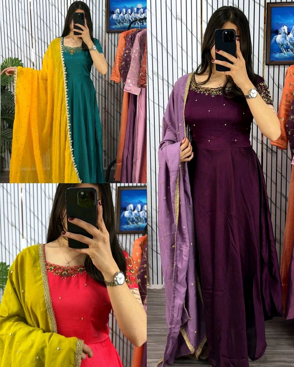 Trendy Elegant look, rich texture, and beautiful Maggam embroidery details make it Extraordinary Gown & Dupatta - XL, Teal