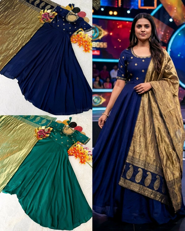 Top Trending Big Boss Tanuja style Beautiful Maggam Work Gown With Tissue Dupatta. A touch of glamour and elegance to your look For Festive Season
- M, Teal
