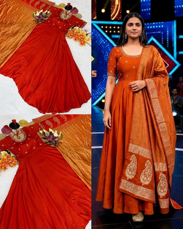 Top Trending Big Boss Tanuja style Beautiful Maggam Work Gown With Tissue Dupatta. A touch of glamour and elegance to your look For Festive Season
- M, Grenadier