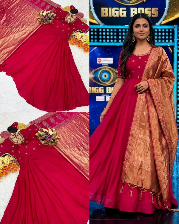 Top Trending Big Boss Tanuja style Beautiful Maggam Work Gown With Tissue Dupatta. A touch of glamour and elegance to your look For Festive Season
- 2XL, Pink
