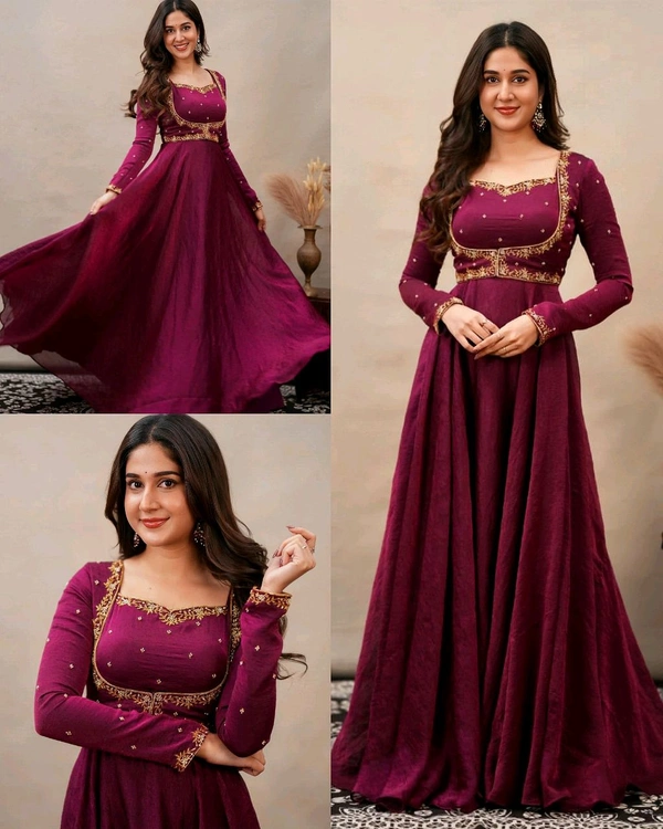 Stay Effortlessly Beautiful In Our Emb Gown A Perfectly Enhanced With Wine & golden Work All Over The Yok The Outfit Comes Paired With A Gown and Short shrug Style it in your own way ✨ - 2XL