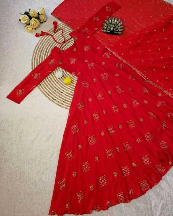 Launching Most Trending Rangoli Silk. Eye-catching Beads Sequance Work Gown, a perfect blend of luxury and tradition for any Occasion & Festival - XL, Guardsman Red