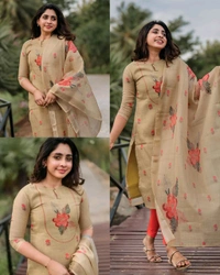 Beautiful Women’s Floral Printed Kurta with Dupatta & Bottom - L, Orient