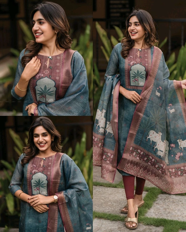 Beautiful Women’s Floral Printed Kurta with Dupatta & Bottom - XL, Orient