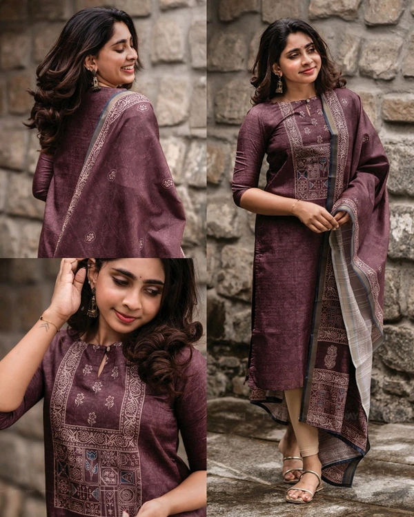 Beautiful Women’s Floral Printed Kurta with Dupatta & Bottom - 2XL, Wine