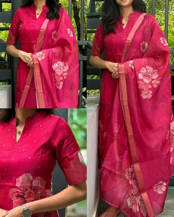 Beautiful Women’s Attractive organza Silk Short Sleeves Printed zari Kurti - M