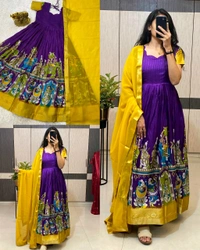 Super trendy reko zari dola silk long gown with georgette dupatta - S, Blue