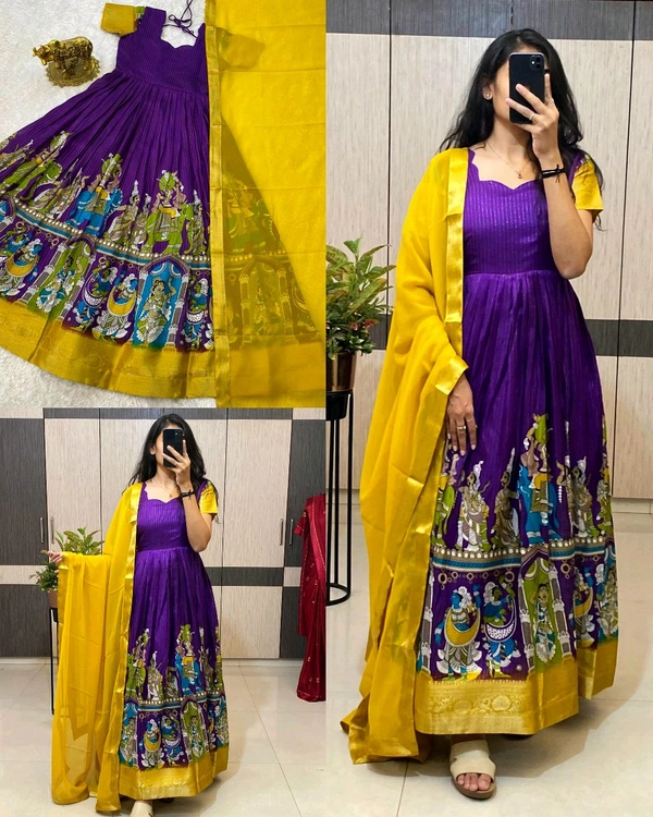 Super trendy reko zari dola silk long gown with georgette dupatta - S, Blue