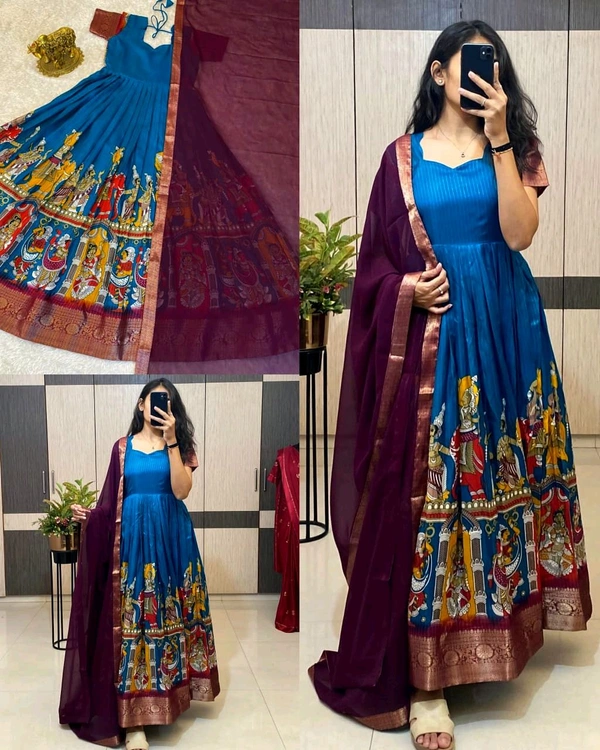 Super trendy reko zari dola silk long gown with georgette dupatta - S, Cerulean Blue