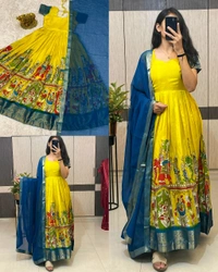 Super trendy reko zari dola silk long gown with georgette dupatta - M, Blue