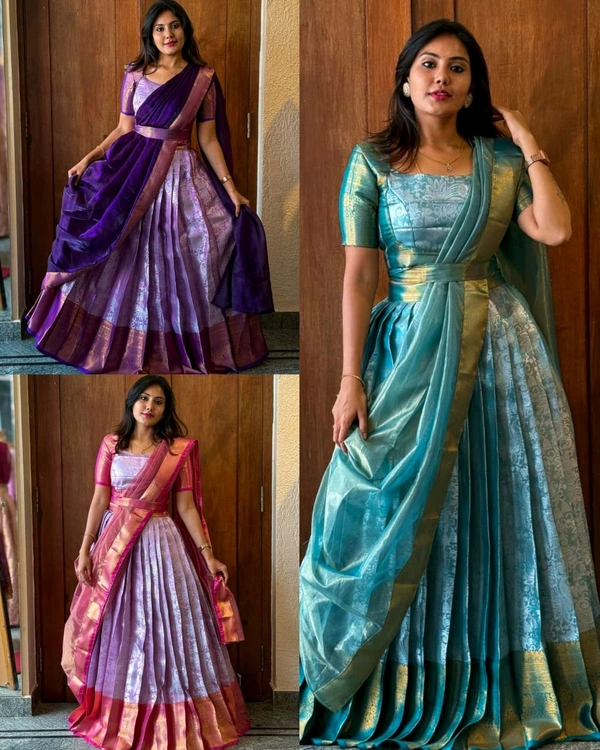 South Indian Style Half Saree - Teal Blue