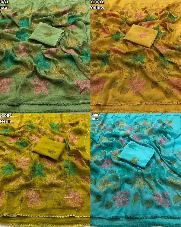 New Arrivals Fancy Floral Design Embroidery Thread Work - Pista