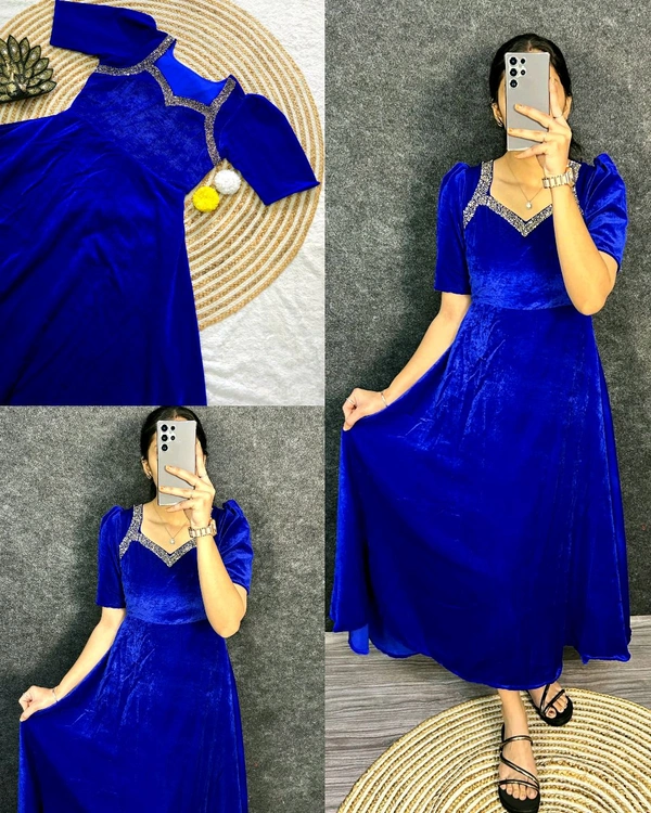 Premium 9000 Velvet Fabric with Designer Hand work Gown- A Beautiful Blend Of elegance and Floral Charm For This Wedding and festival - M, Blue