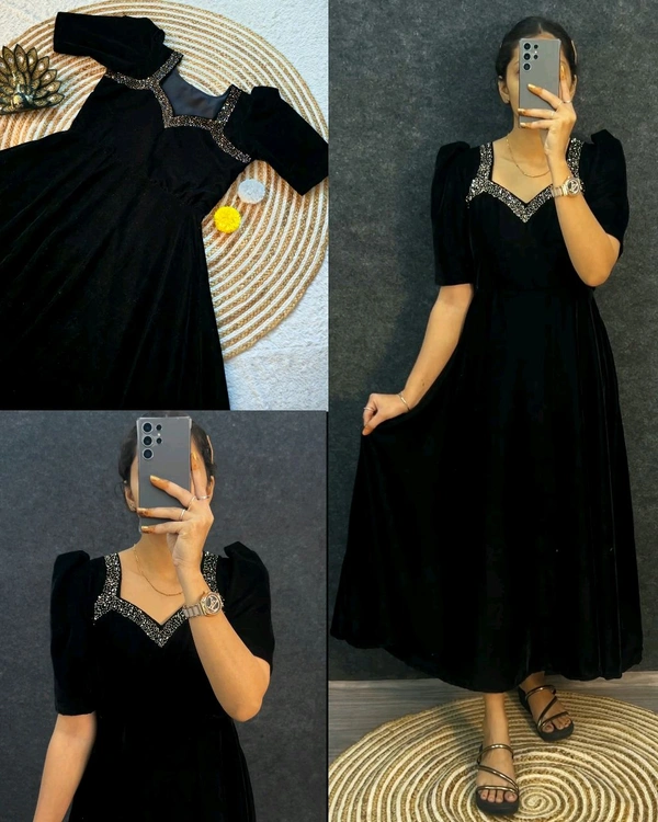Premium 9000 Velvet Fabric with Designer Hand work Gown- A Beautiful Blend Of elegance and Floral Charm For This Wedding and festival - L, Black
