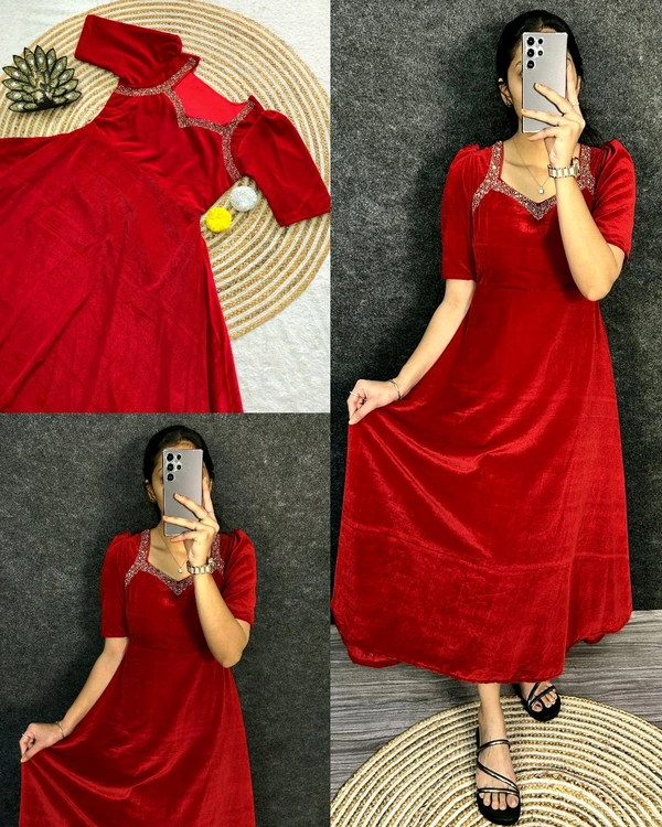 Premium 9000 Velvet Fabric with Designer Hand work Gown- A Beautiful Blend Of elegance and Floral Charm For This Wedding and festival - L, Red