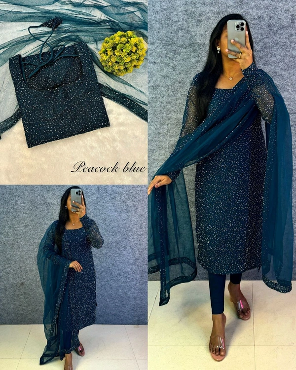 Launching New Designer Party wear kurti with dupatta - L, Peacock Blue