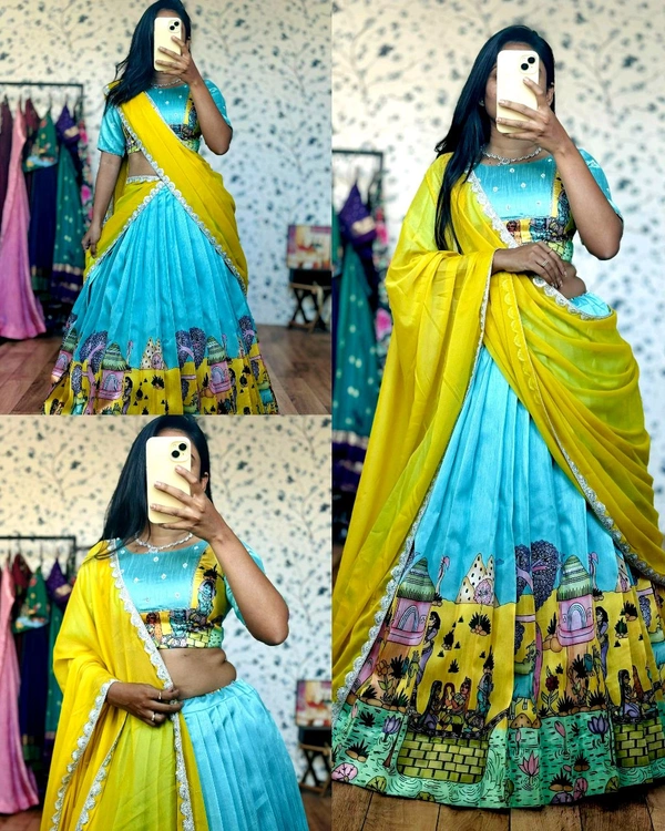 Sky-blue art-inspired lehenga with a hand-painted look and a storytelling border, giving it a unique traditional charm.
Paired with a flowy yellow dupatta finished with subtle shimmer lace for an elegant festive touch ✨ - M