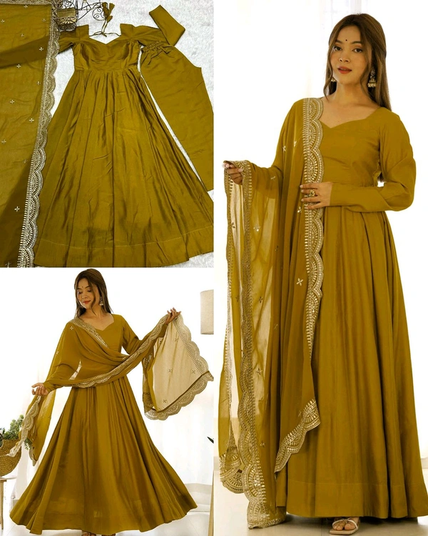 Trendy Beautiful Anarkali Full Set Top, Dupatta & Pant
- S, Buddha Gold