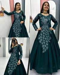 Trendy Bird Design Launching Embroidered Gown - L, Cherry Pie
