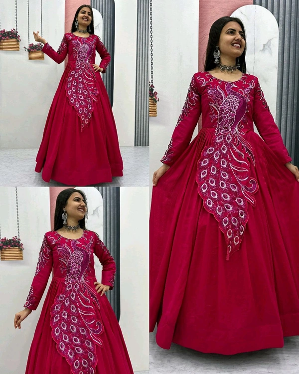 Trendy Bird Design Launching Embroidered Gown - XL, Teal