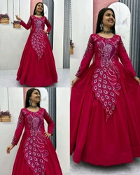 Trendy Bird Design Launching Embroidered Gown - 2XL, Cherry Pie