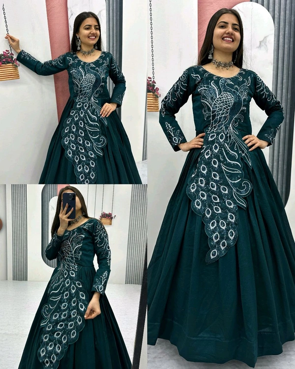 Trendy Bird Design Launching Embroidered Gown - 2XL, Teal