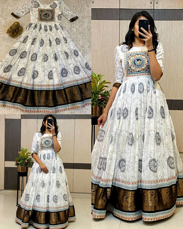 Kalamkari style vanilla white long gown
- S