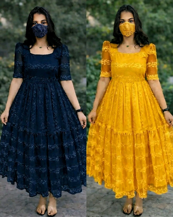 Beautiful Flower Embroidery Party Wear Frock - L, Navy Blue