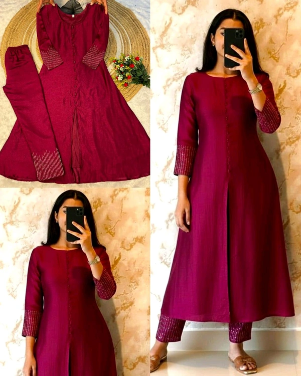 Crafted in luxurious blooming this elegant A-line kurta set is adorned with beautiful sleeve and pant handwork this work highlight rich look of the outfit - S, Bright Red