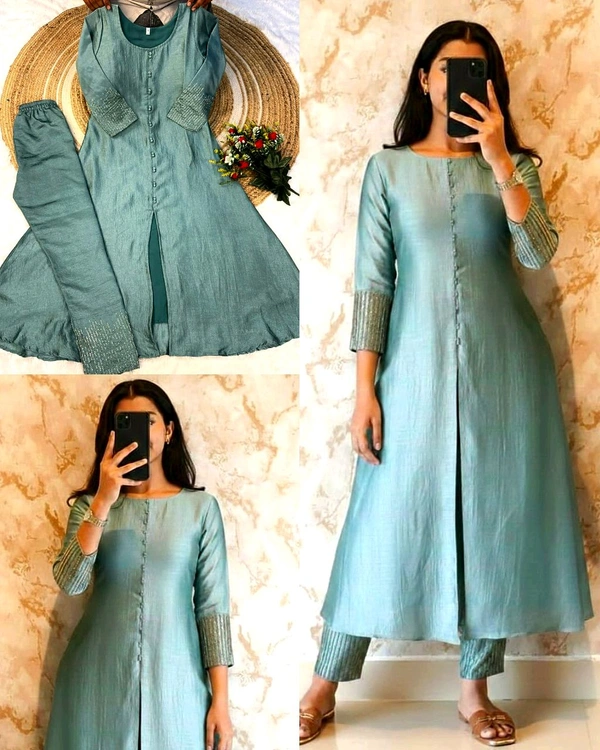 Crafted in luxurious blooming this elegant A-line kurta set is adorned with beautiful sleeve and pant handwork this work highlight rich look of the outfit - 2XL, Jungle Mist