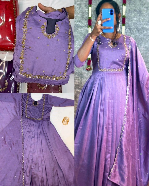 Launching Trendy Handwork Beautiful Neck Pattern Gown With Dupatta - S, Light Wisteria