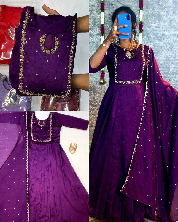 Launching Trendy Handwork Beautiful Neck Pattern Gown With Dupatta - 2XL, Red
