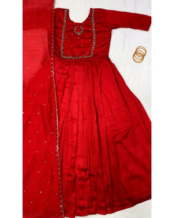 Launching Trendy Handwork Beautiful Neck Pattern Gown With Dupatta - 3XL, Red