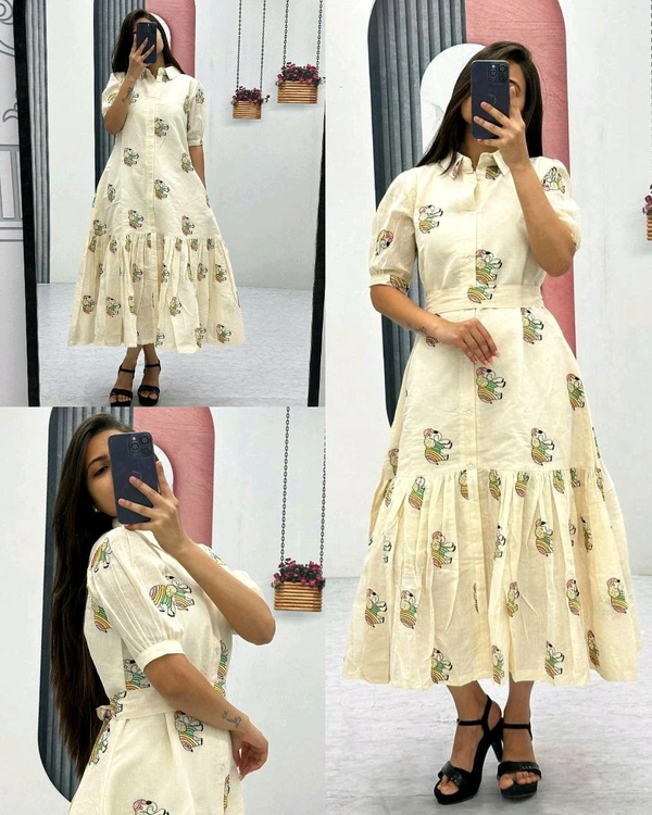 Trendy Launching Cotton Frock side pocket with Belt - M