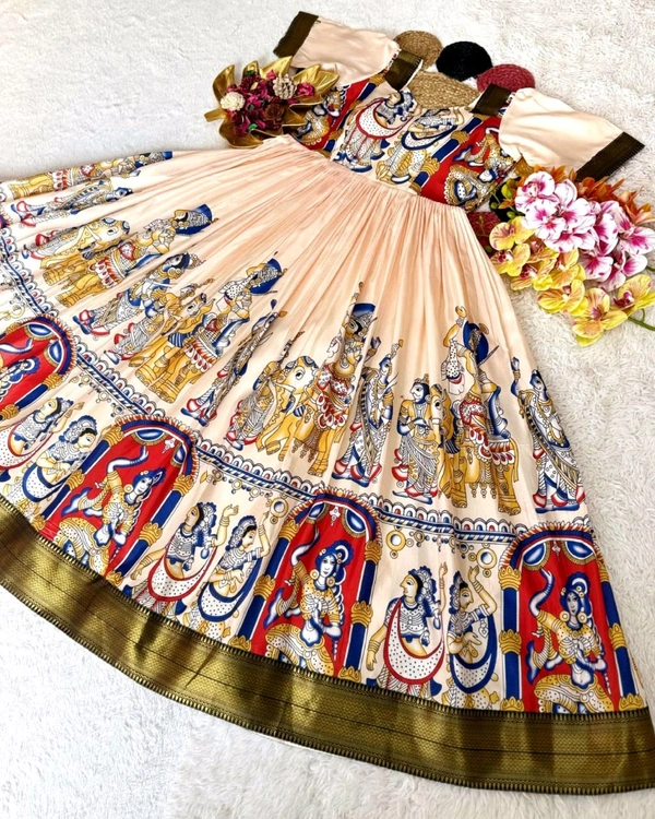 Launching Top Trending Beautiful Soft Dola Silk Kalamkari Gown A touch of glamour and elegance to your look For Festive Season - M, White