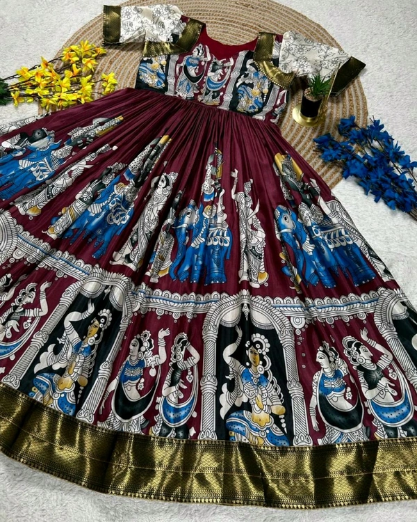Launching Top Trending Beautiful Soft Dola Silk Kalamkari Gown A touch of glamour and elegance to your look For Festive Season - L, Pompadour