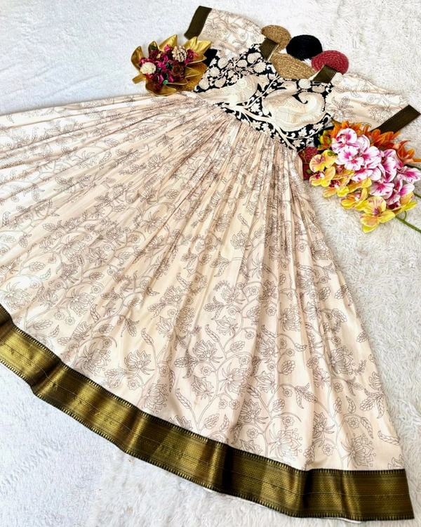 Launching Top Trending Beautiful Soft Dola Silk Kalamkari Gown A touch of glamour and elegance to your look For Festive Season - XL, White
