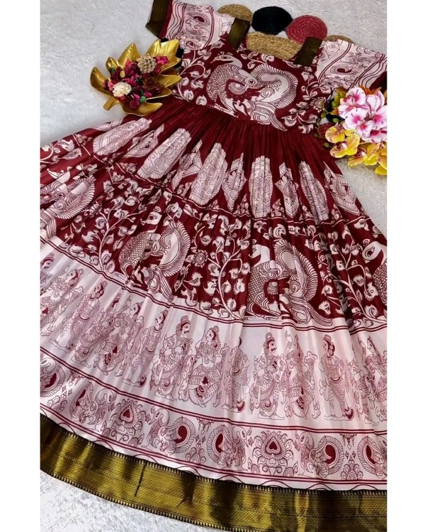 Launching Top Trending Beautiful Soft Dola Silk Kalamkari Gown A touch of glamour and elegance to your look For Festive Season - 2XL, Bordeaux