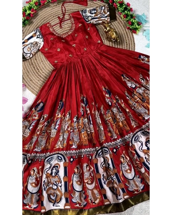 Launching Top Trending Beautiful Soft Dola Silk Kalamkari Gown A touch of glamour and elegance to your look For Festive Season - 2XL, Bright Red