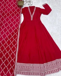 PRESENTING NEW HIGH END PREMIUM QUALITY PURE BLOOMING VICHITRA SILK FABRIC FULLY FLARE GOWN,WITH DUPPTA SET - S, Maroon