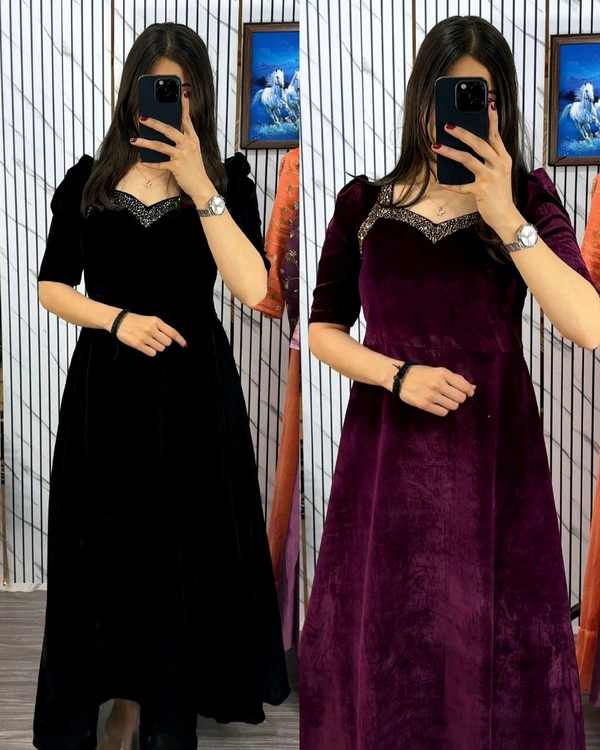 Premium 9000 Velvet Fabric with Designer Hand work Gown- A Beautiful Blend Of elegance and Floral Charm For This Wedding and festival - M, Black