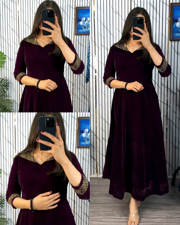 Premium 9000 Velvet Fabric with Designer Hand work Gown- A Beautiful Blend Of elegance and Floral Charm For This Wedding and festival - L, Mardi Gras