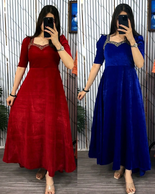 Premium 9000 Velvet Fabric with Designer Hand work Gown- A Beautiful Blend Of elegance and Floral Charm For This Wedding and festival - L, Mardi Gras